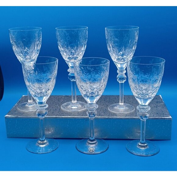 Rogaska Gallia Set Of 6 Floral Etched Cut Lead Crystal Wine Glasses 7" Tall - Picture 6 of 14